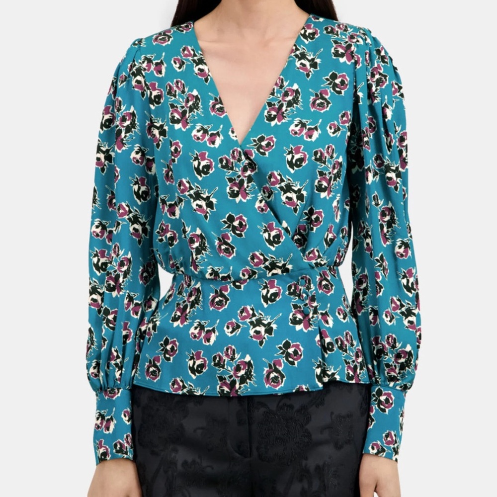 The Kooples Crossover Wrap Top- Blue Floral Satin Long Sleeve Blouse